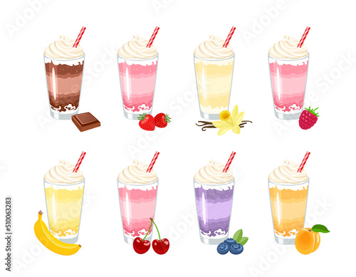 Milkshake set. Vector cartoon illustration of sweet vanilla, chocolate, blueberry, raspberry, cherry, apricot, banana, and strawberry cocktail with whipped cream in glass cup. Summer drink flat icon.