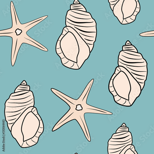 cute abstract modern seamless vector pattern illustration with seashells and starfishes on blue background