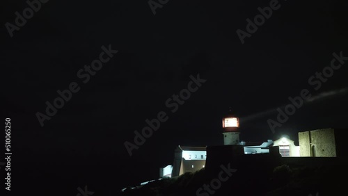 Night light of Cape St. Vincent Lighthouse in Portugal