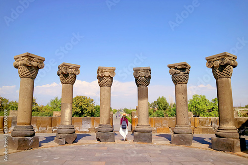 Female Visitor at Zvartnots Cathedral, Amazing UNESCO World Heritage Site in Armavir Province of Armenia photo