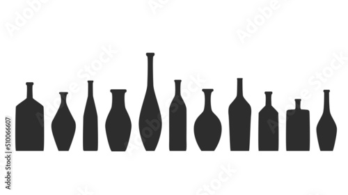 Vase and bottle silhouettes set. Different jugs and vessels silhouette collection. Various forms and shapes of vases. Clay ceramic or grass bottles set. Isolated vector