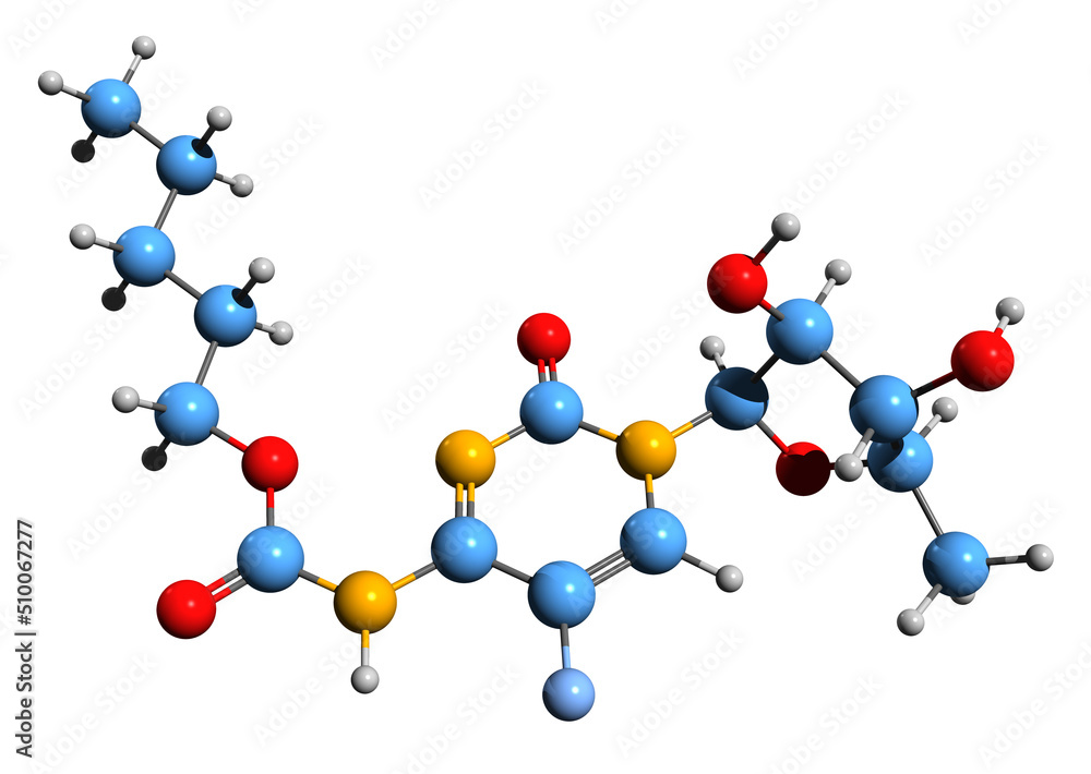 3D image of Capecitabine skeletal formula - molecular chemical structure of chemotherapy medication isolated on white background 3D image of Capecitabine skeletal formula - molecular chemical structure of chemotherapy medication isolated on white background