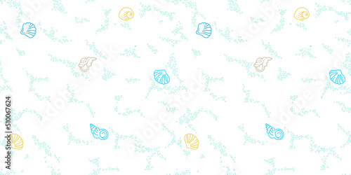 Vector seamless pattern of line art tropical sea elements, seashells, starfish. Doodles of marine life. Sea decor for background,  wallpaper. Ocean invertebrates, sea creatures.