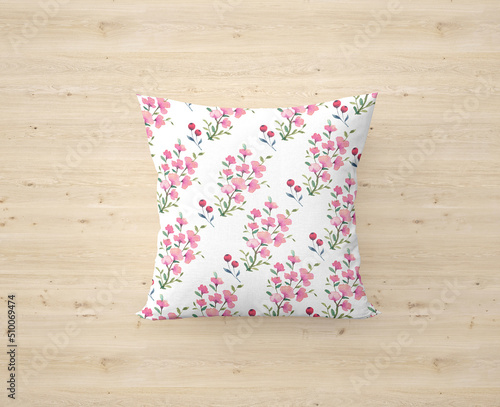 Beautiful watercolor wild floral pillow cover in pink flower and red cherry fruit	
