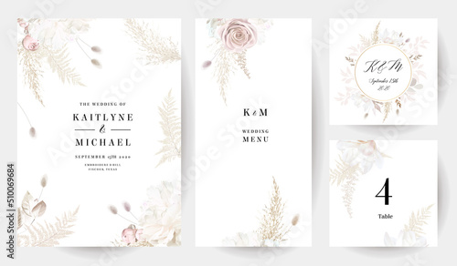 Pampas grass vector design frames. Wedding watercolor neutral nude colored flowers.