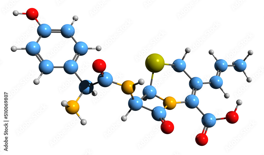3D image of Cefprozil skeletal formula - molecular chemical structure of cephalosporin antibiotic isolated on white background 3D image of Cefprozil skeletal formula - molecular chemical structure of cephalosporin antibiotic isolated on white background