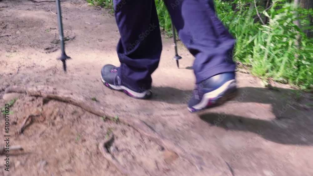 Low view of hiker feet in sneakers. Young adult steps with poles or trekking sticks. Hiking among trail at summer. Walks in wild nature at sunny day. Active person climbs or hike at forest woods. Low view of hiker feet in sneakers. Young adult steps with poles or trekking sticks. Hiking among trail at summer. Walks in wild nature at sunny day. Active person climbs or hike at forest woods.