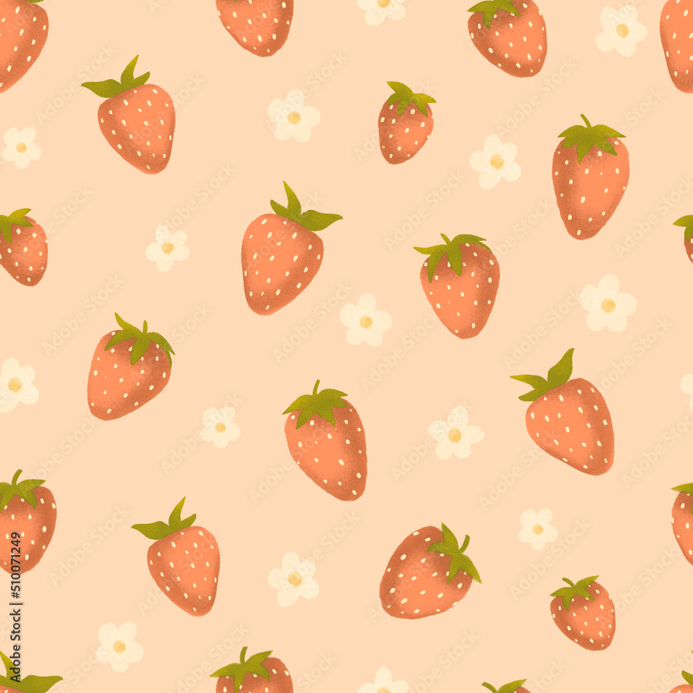 Seamless pattern of strawberries and flowers. Hand drawn berries and bloom. Seamless pattern of strawberries and flowers. Hand drawn berries and bloom.