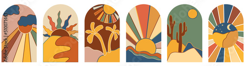 70s groovy posters, Retro sunset background, Abstract Sunset digital poster. Vintage hippy style. Retro poster on white background. Vector illustration.