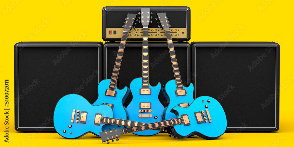 Set of electric acoustic guitar and amplifier on yellow background.