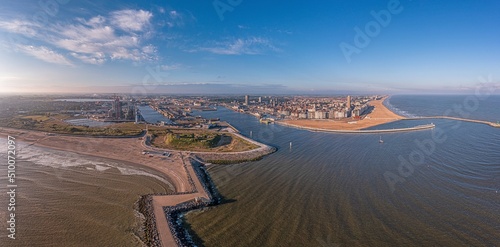 Drone panorama over the harbor and skyline of the Belgian city of Oostende