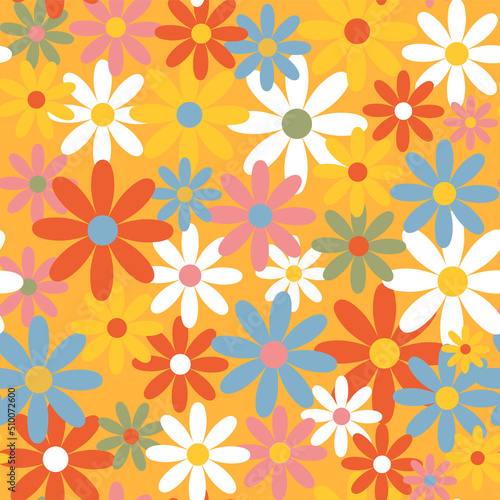 Vector retro colorful seamless pattern with daisy flowers. Groovy print with chamomile flowers  flat style. 70s hippie aesthetic  vintage floral background. 