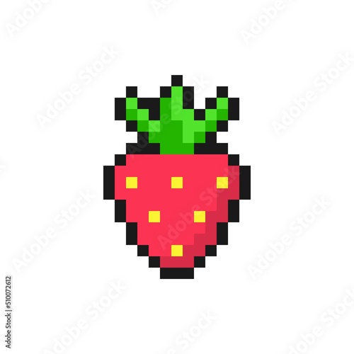 Sweet pixel strawberry. Red berry with yellow seeds and green tail. Natural summer dessert and 8bit vector game element