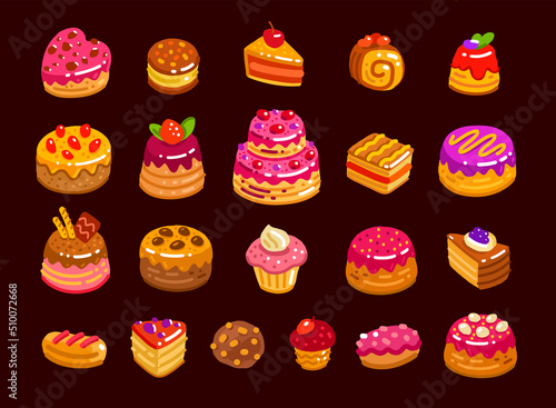 Collection tasty decorated sweet desserts and candies. Cakes and pastries icon set. Cartoon vector illustration