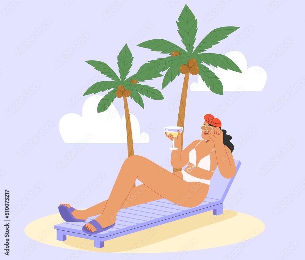 Concept of a vacation at a seaside resort. Flat vector illustration a happy woman in bikini sunbathing on the beach. Summer vacation banner on a tropical island. 