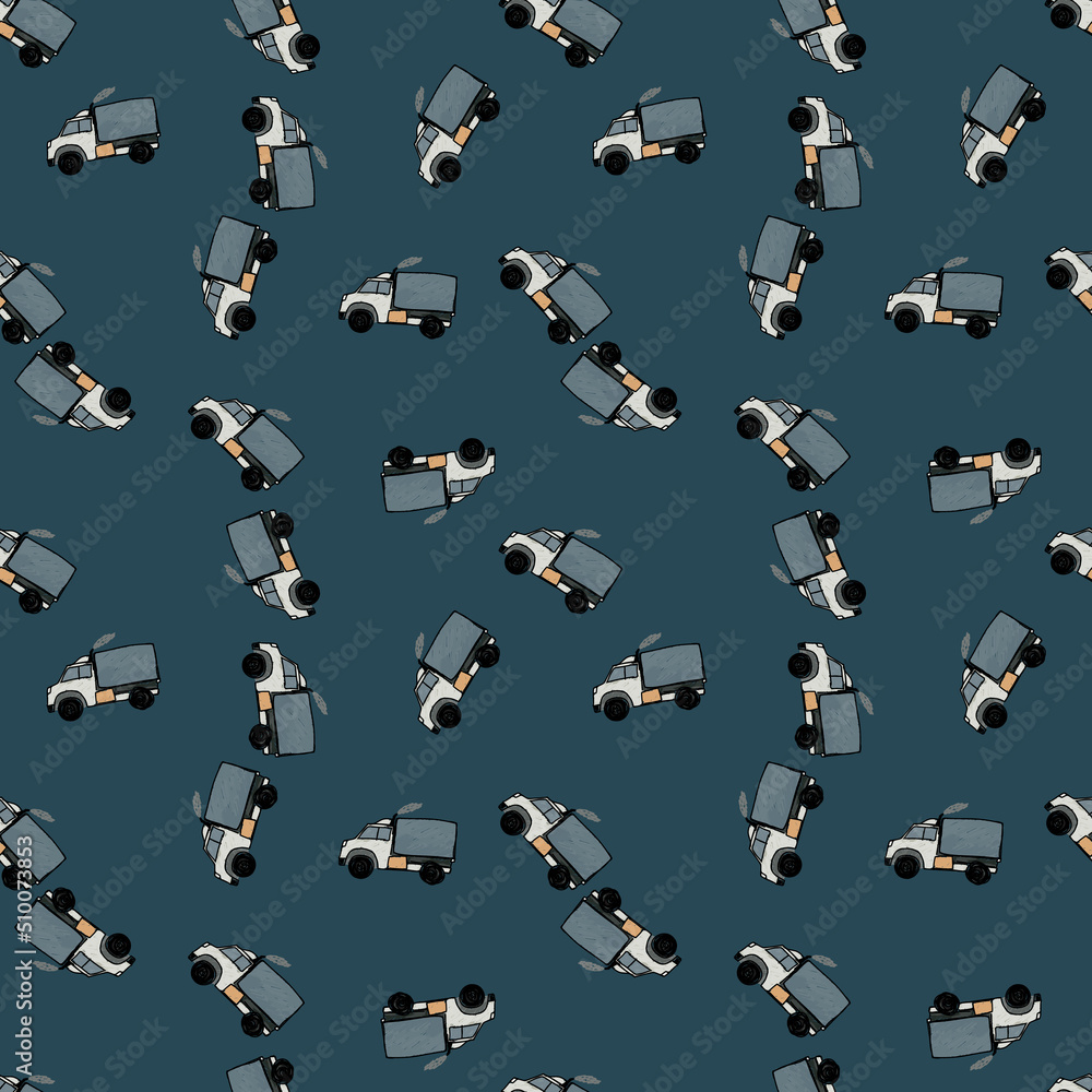 Fototapeta premium Cute truck car seamless pattern. Kids hand drawn automobile background. Transport wallpaper.
