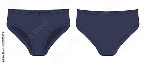 Technical sketch of briefs for girls. Female red underpants. Dark blue color. Women casual panties