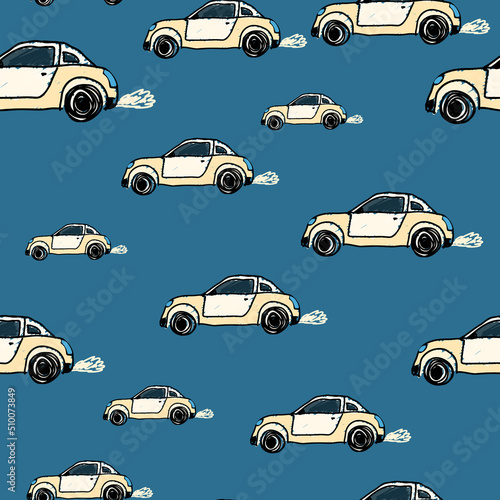 Cute sportcar seamless pattern. Transport wallpaper. Kids hand drawn automobile background.