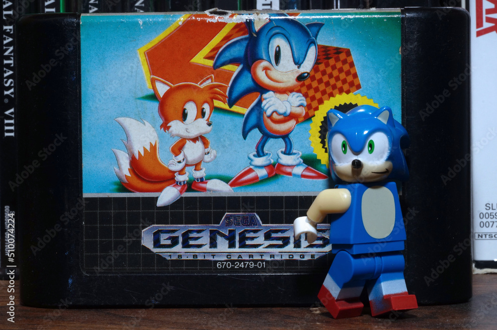 Lego Sonic figurine standing beside Sonic the Hedgehog 2 cartridge (NC ...