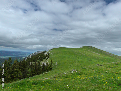 Le Suchet, Switzerland - May 2022 : Hiking to the Suchet mountain (1587 m) in the Swiss Jura Mountains 