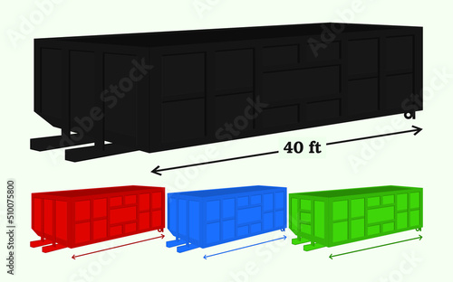 Dumpster vector illustration. Four different-sized isolated containers, black, red, blue, and green colored.