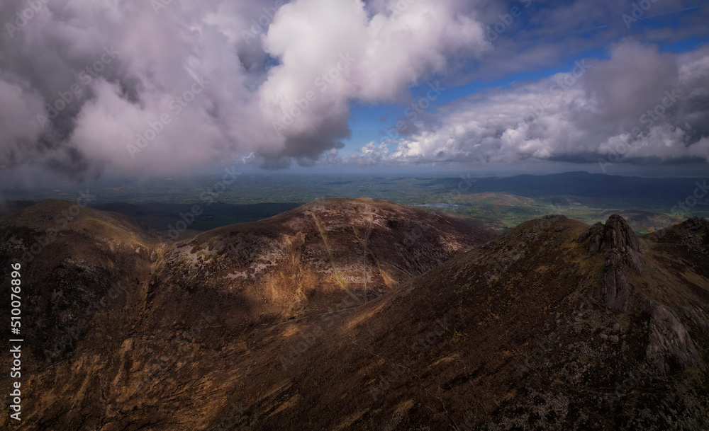 Mourne mountains from above with dramatic clouds around, Newry, Northern Ireland