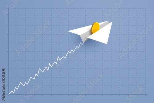 Paper airplane with gold coin is flying over grid of business graph