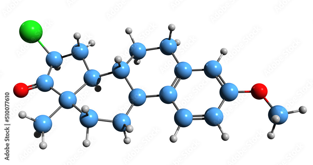 3D image of Clomestrone skeletal formula - molecular chemical structure of weak estrogen isolated on white background
3D image of Clomestrone skeletal formula - molecular chemical structure of weak estrogen isolated on white background