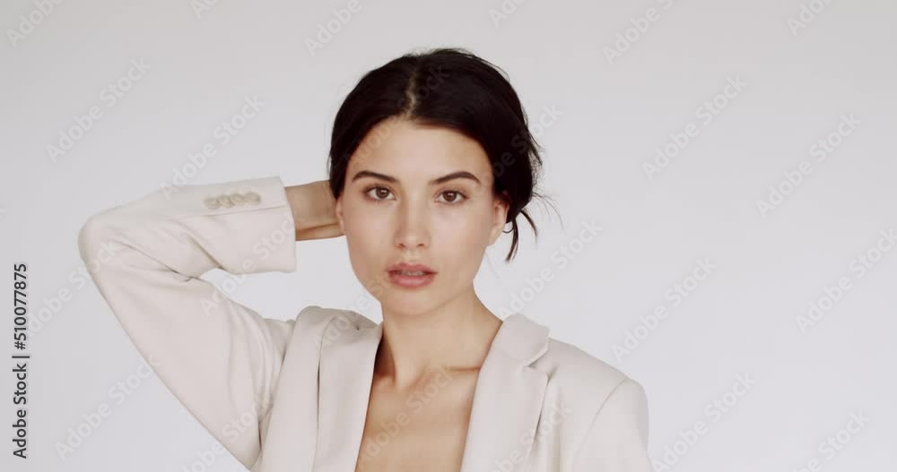 Beauty woman with face healthy clean fresh skin beauty female model on white isolated wall. The concept of perfect young skin and beauty. Beauty video concept, close up portrait. Cute Fashion model. Beauty woman with face healthy clean fresh skin beauty female model on white isolated wall. The concept of perfect young skin and beauty. Beauty video concept, close up portrait. Cute Fashion model.