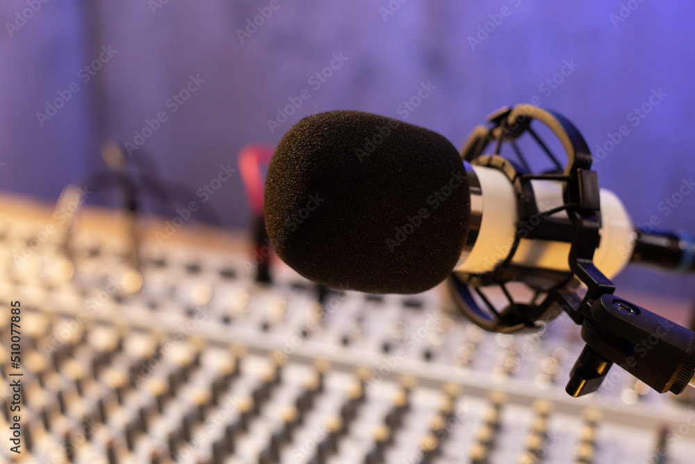 Obraz premium Microphone in record studio. Music concept with sound mixer