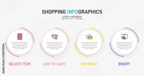 Concept of shopping process with 4 successive steps. Four colorful graphic elements. Timeline design for brochure, presentation, web site. Infographic design layout.