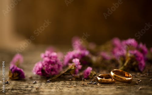 Romantic lovers. Wedding day. wedding rings on a bouquet of flowers. Photo. Background. Decor. 
