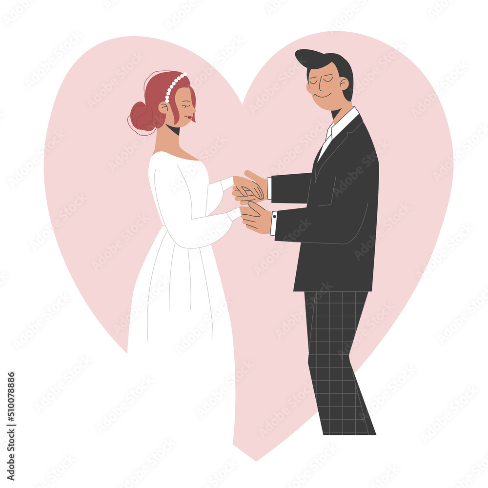 Wedding couple holding hands. The bride and groom are getting married. The concept of love. Girl in a wedding dress and a guy in a suit. Newlyweds under the crown. 