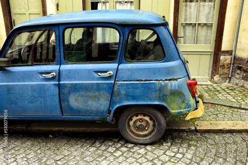 Fototapeta Naklejka Na Ścianę i Meble -  Blue Renault 4, street scene, Honfleur, Normandy, France, Europe