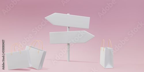 3d white directions sign and paper bags on pink background. Vector illustration.