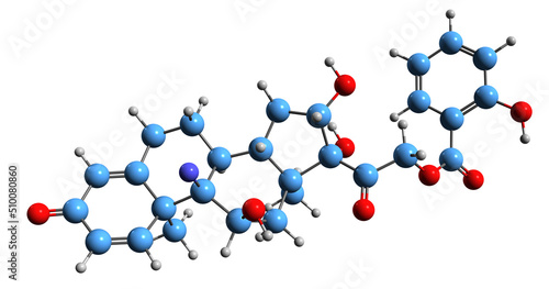 3D image of Cortobenzolone skeletal formula - molecular chemical structure of betamethasone salicylate isolated on white background
