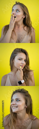 Set of portraits of a young woman with different emotions and gestures isolated on yellow background.