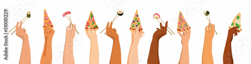 Hands raised and holding slices of pizza and rolls and sushi