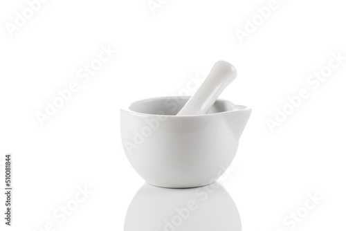 mortar and pestle isolated on white background photo