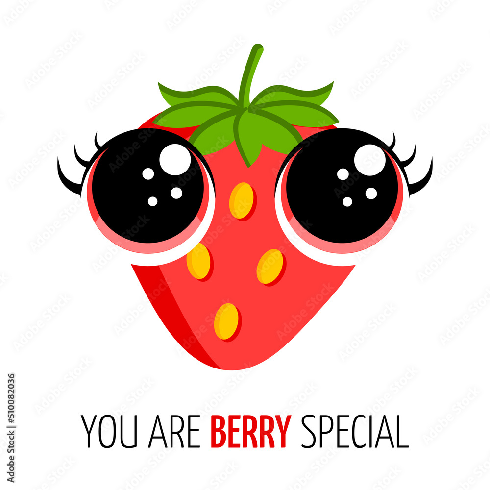 Obraz premium Cute hand drawn unusual Valentines day card with funny cartoon character of strawberry and hand written text