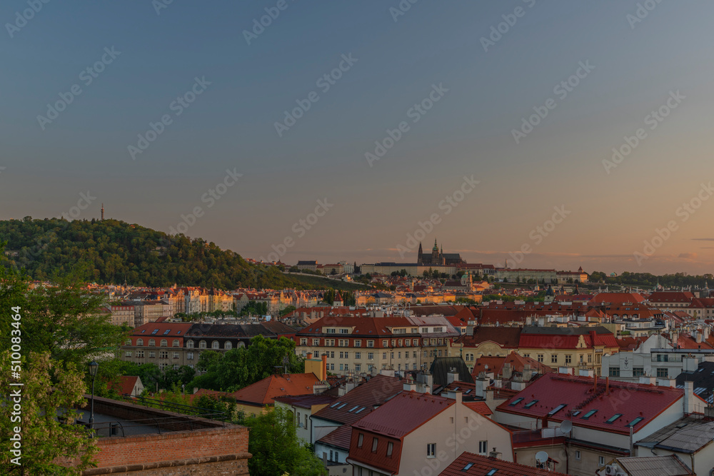 View from Vysehrad in Prague with sunrise time and colors View from Vysehrad in Prague with sunrise time and colors