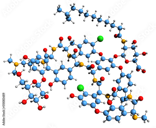  3D image of Dalbavancin skeletal formula - molecular chemical structure of lipoglycopeptide antibiotic isolated on white background 
