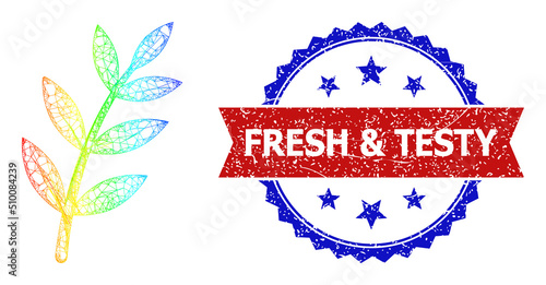 Net mesh flora plant carcass illustration with spectrum gradient, and bicolor scratched Fresh and Testy seal stamp. Red stamp includes Fresh and Testy tag inside blue rosette.