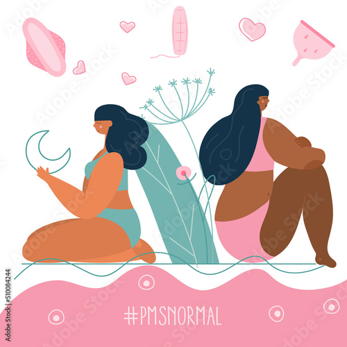 Body positive girls choice hygienic device menstrua pads, cup or tampon. Vector illustrations menstrual period, PMS and blood is NORMAL.