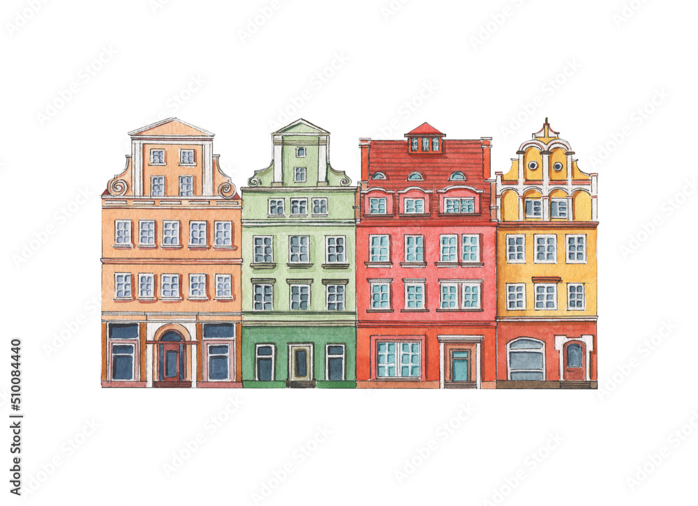 Watercolor illustration of european historical colorful houses with small windows