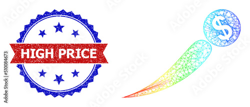 Mesh net growing price frame icon with spectrum gradient, and bicolor textured High Price seal stamp. Red stamp seal has High Price title inside blue rosette. Vibrant carcass net growing price icon.