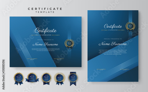 Dark blue certificate of achievement template with gold badge and border