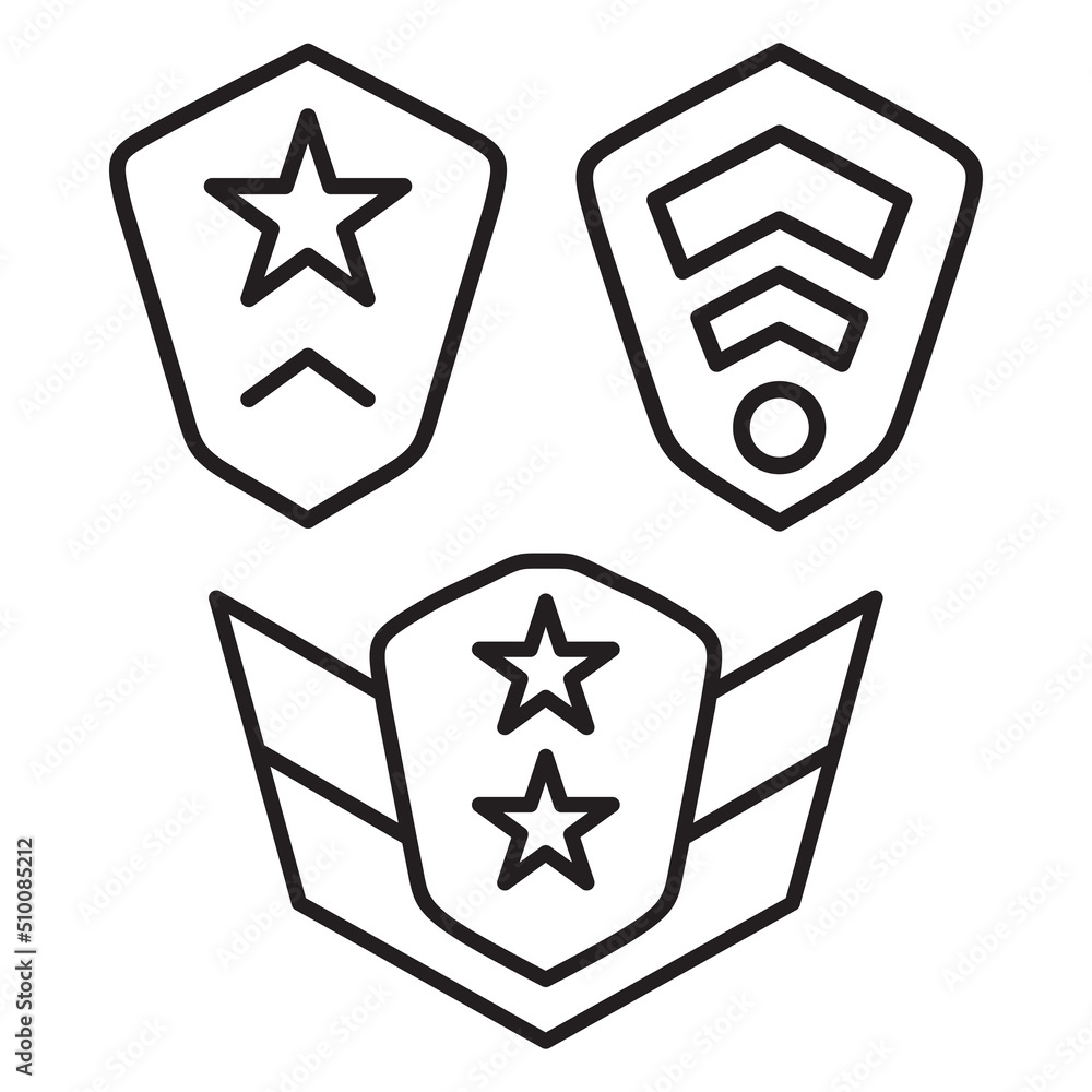 Badge military rank icon.Military star and shield with wings.Army stripes and chevrons. Insignia of officer. Outline vector illustration. Isolated on white background. Badge military rank icon.Military star and shield with wings.Army stripes and chevrons. Insignia of officer. Outline vector illustration. Isolated on white background.
