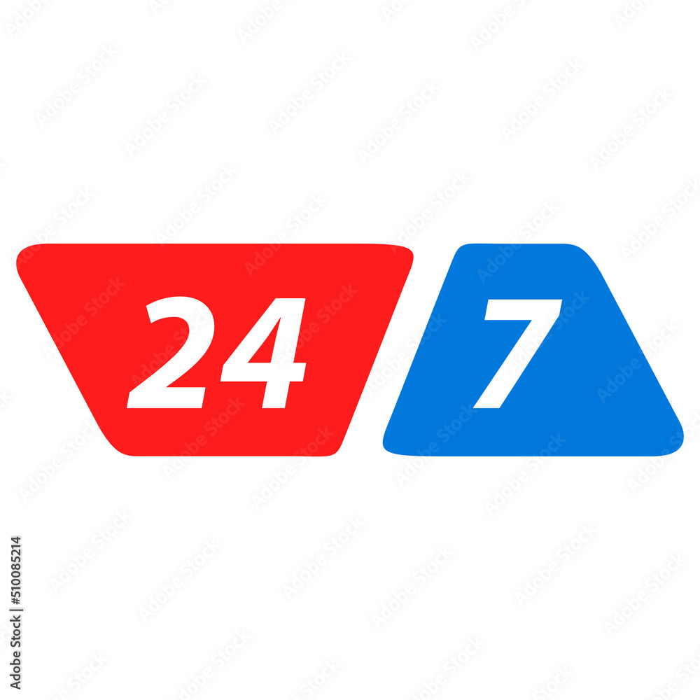 24-7 open concept. Twenty four hour open.Support service.Vector flat illustration.Steady available services.24 hours a day and 7 days a week. Isolated on white background. 24-7 open concept. Twenty four hour open.Support service.Vector flat illustration.Steady available services.24 hours a day and 7 days a week. Isolated on white background.