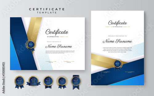 Modern elegant blue and gold diploma certificate template. Certificate of achievement template with gold badge and border